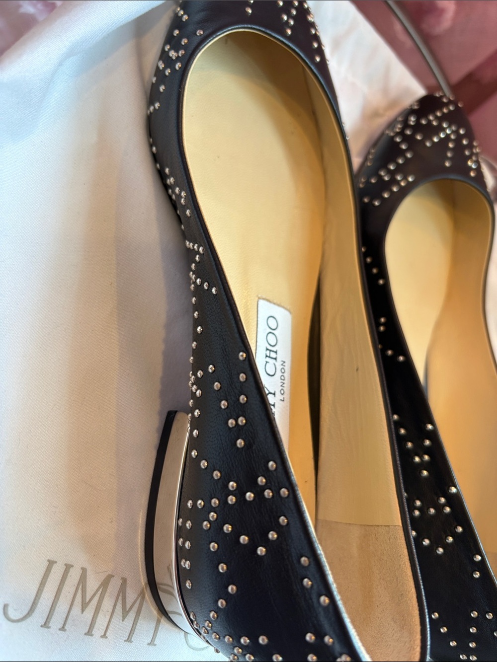 Authentic Jimmy Choo Black Leather Jessie Studded Flats - Picture 10 of 12